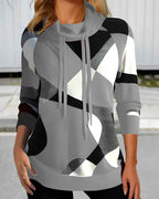 Women's Relaxed Fit Hoodie Pullover – Soft Knit Long Sleeve with Geometric Design Grey