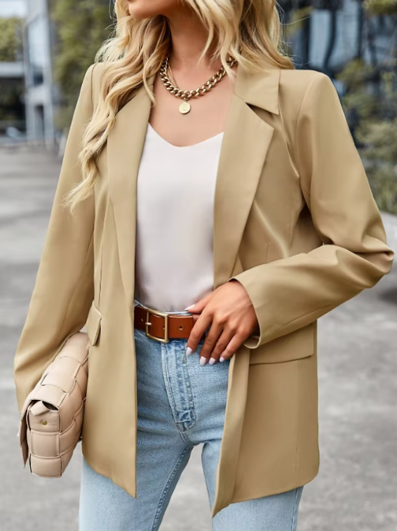 Women's Tailored Blazer - Classic Lapels - Hip Length - Formal Style Khaki