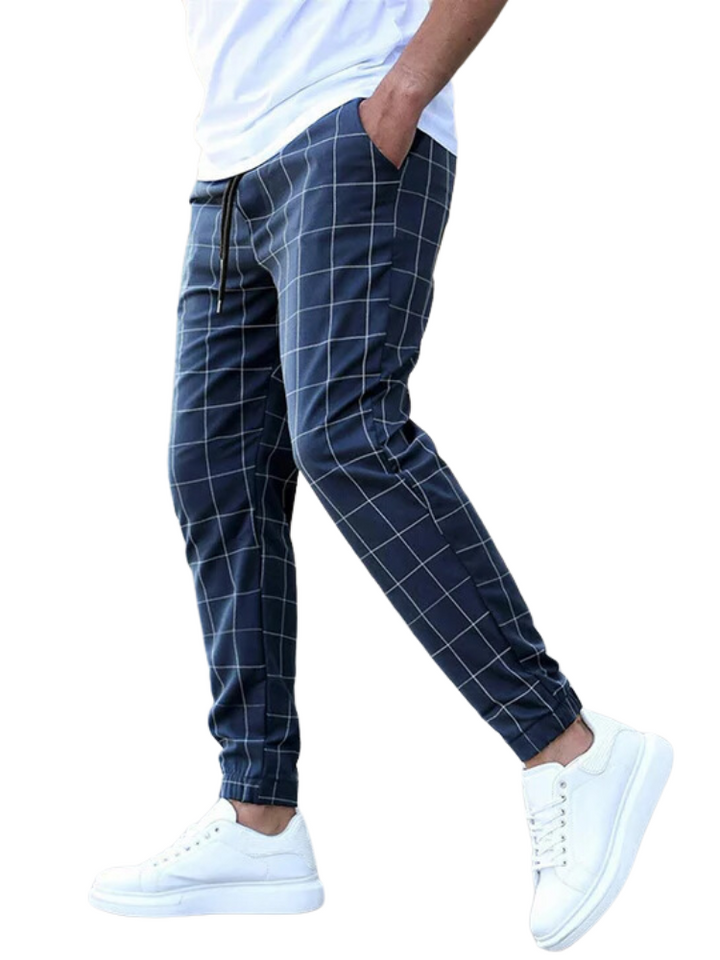 Men's Checked Pattern Stretch Trousers Blue