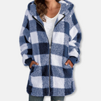 Women's Oversized Checked Hoodie – Soft Knit with Hood and Zipper Blue