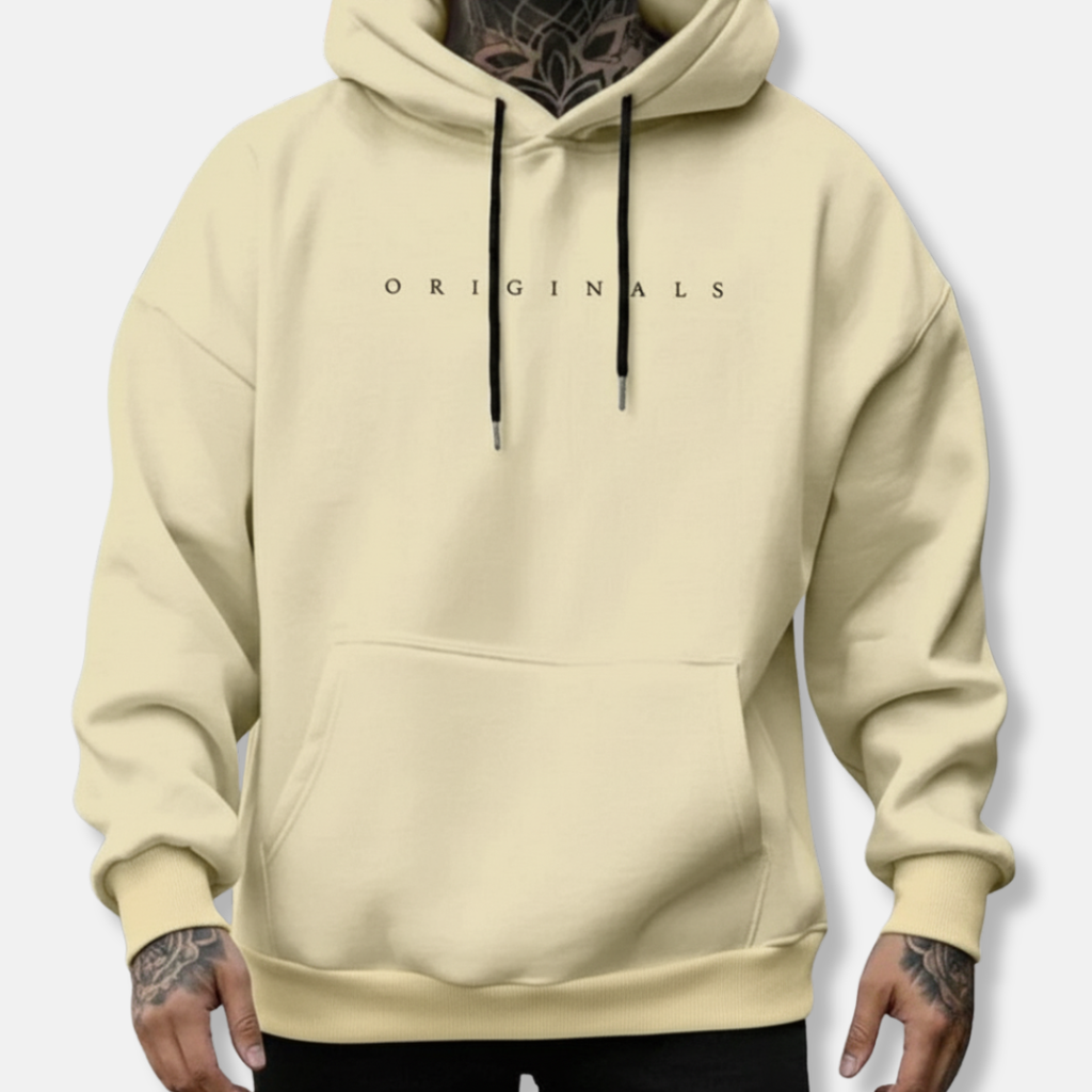 Men's Relaxed Fit Hoodie - Cotton Blend with Kangaroo Pocket & Drawstring Hood - Street Style Khaki