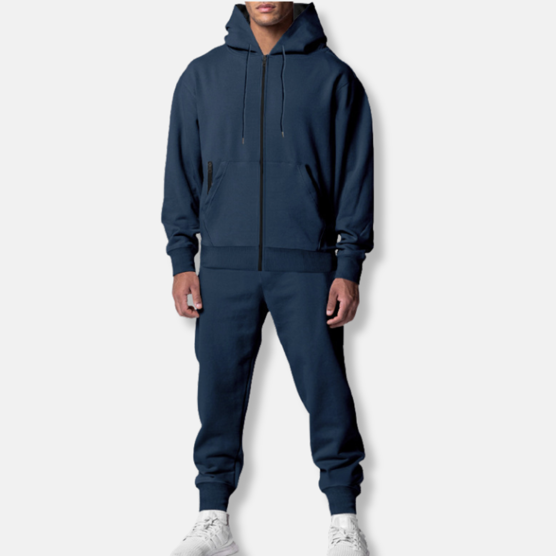 Men's Relaxed Fit Tracksuit – Zip-Up Hoodie with Pockets – Ribbed Cuffs Navy Blue