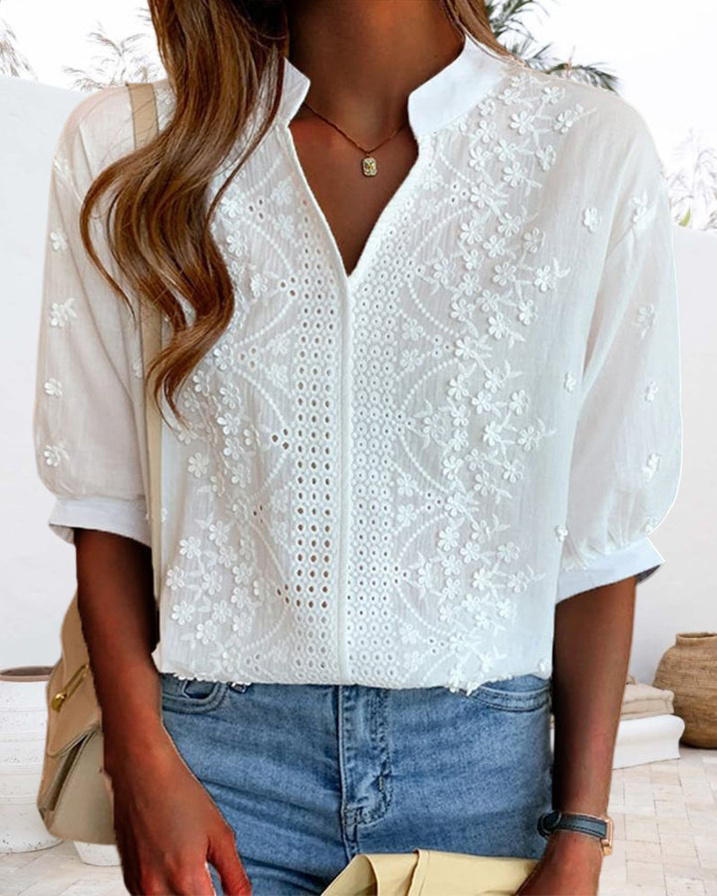 Women's V-Neck Puff Sleeve Blouse