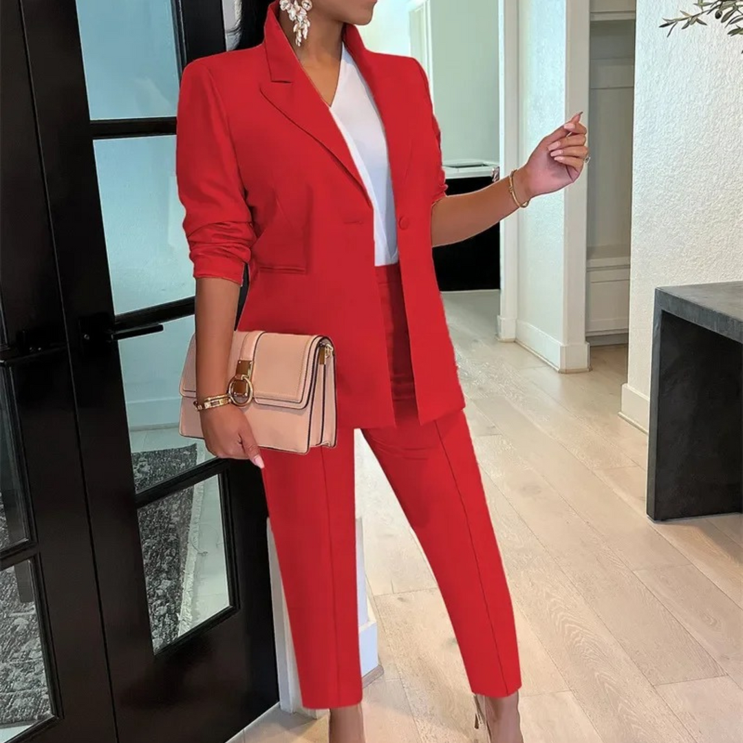 Women's Tailored Suit Set – Blazer with Slim Fit High Waist Pants – Ankle-Length Design Red