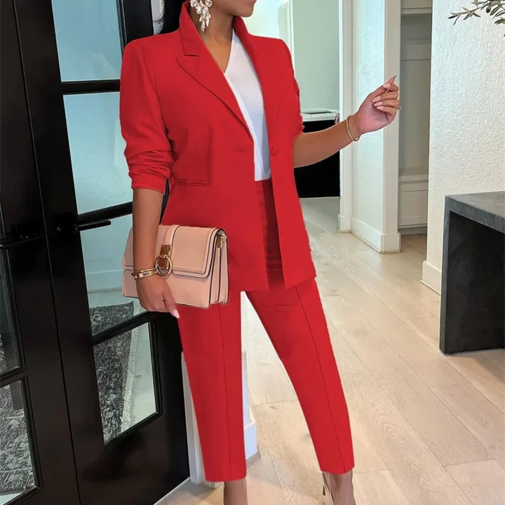 Women's Tailored Suit Set – Blazer with Slim Fit High Waist Pants – Ankle-Length Design Red
