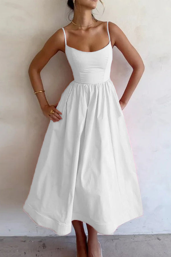 Evira | Women's Midi Evening Dress with U-Neck and Flared Skirt White