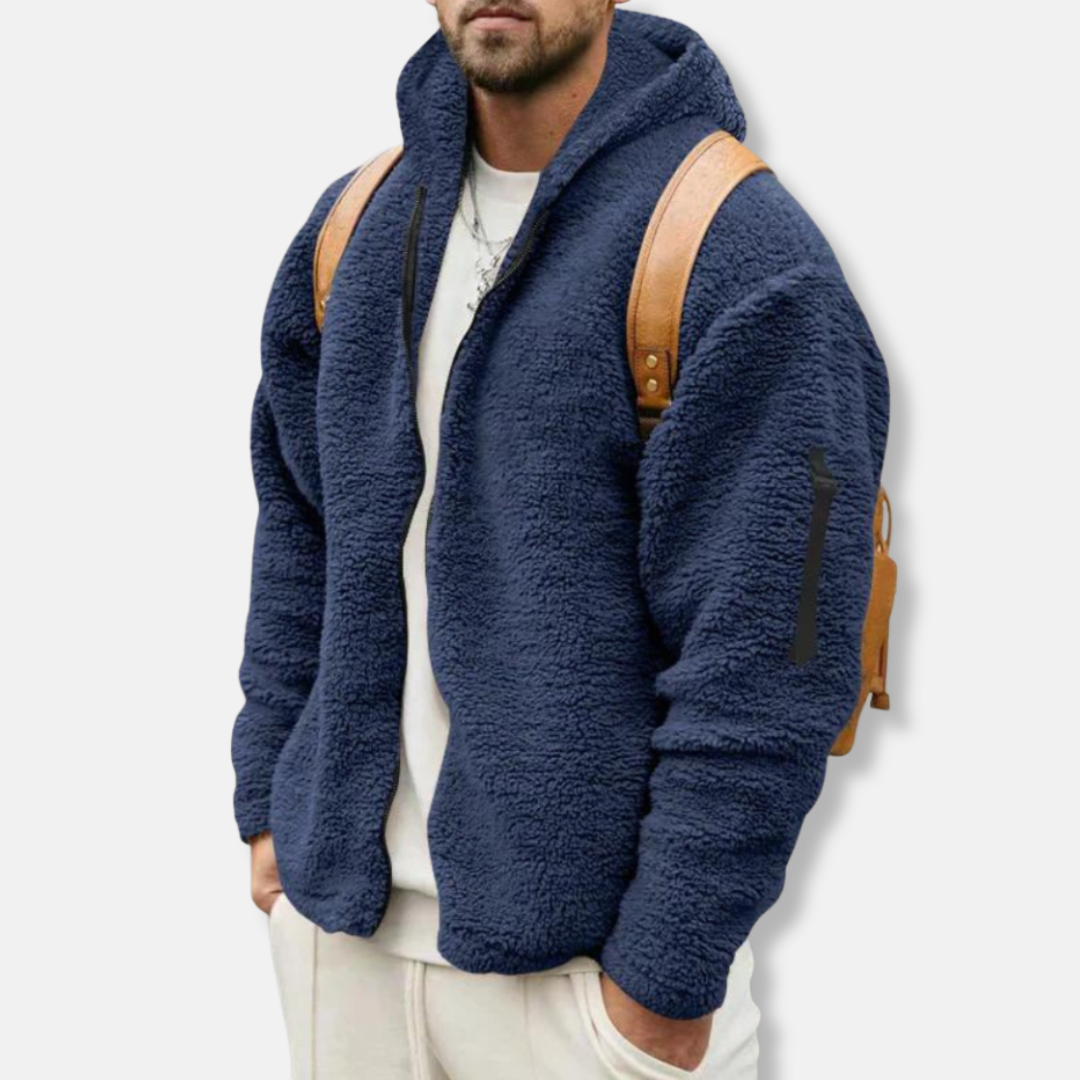 Men's Sherpa Fleece Hoodie with Zipper – Relaxed Fit & Ribbed Cuffs – Casual Style Blue
