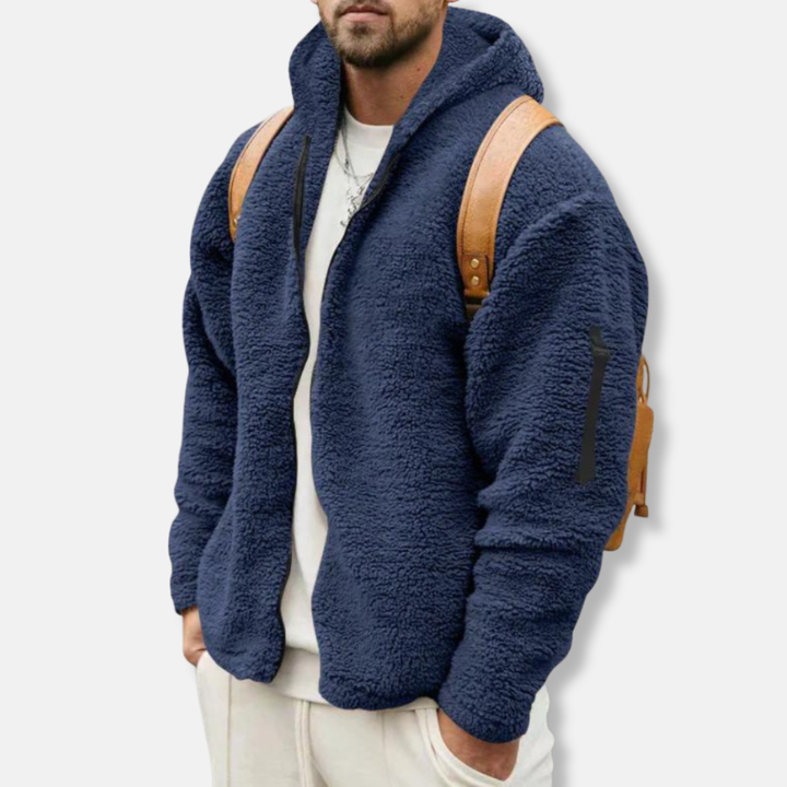 Men's Sherpa Fleece Hoodie with Zipper – Relaxed Fit & Ribbed Cuffs – Casual Style Blue
