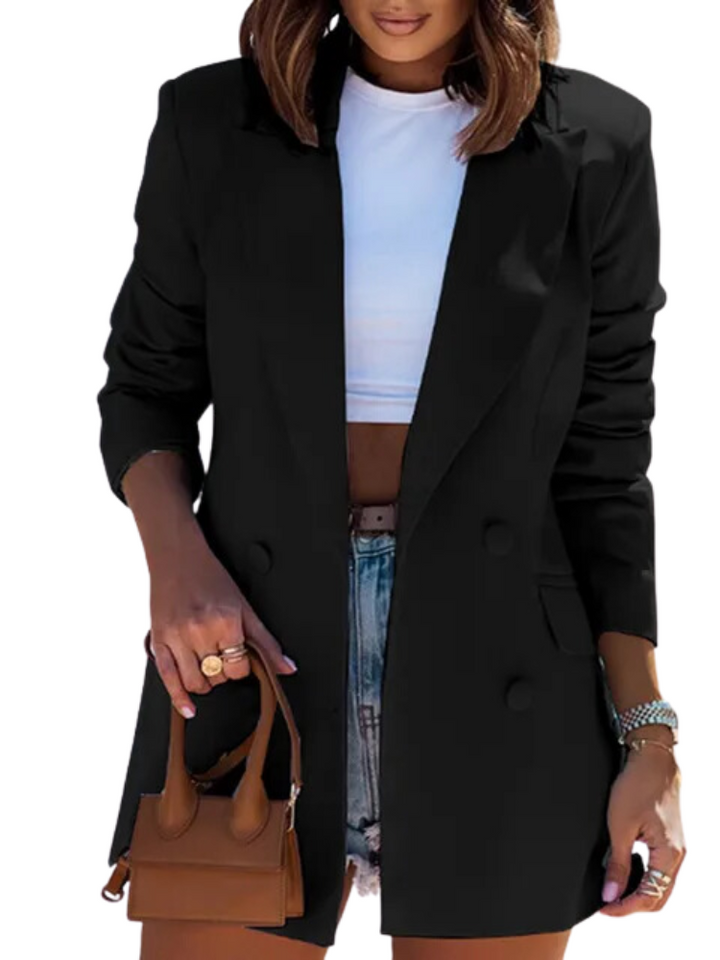 Women's Double Breasted Blazer - Relaxed Fit - Long Classic Style Black