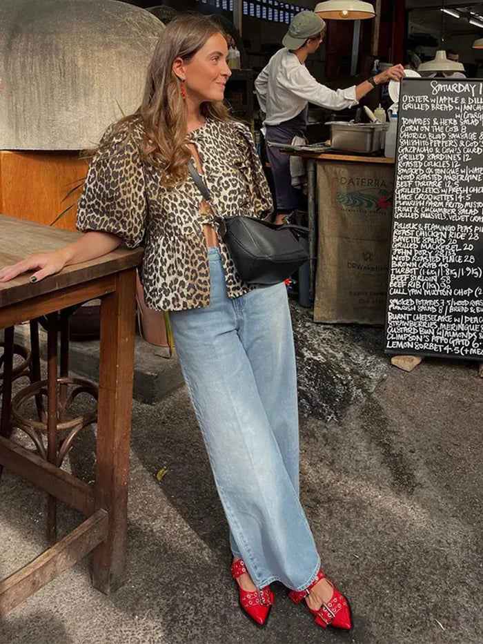 Women's Lightweight Striped Blouse with Puff Sleeves - Loose Fit