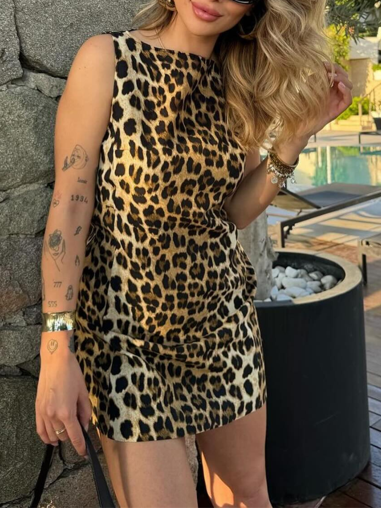 Oliva | Women's Sleeveless Leopard Print Mini Dress Leopard