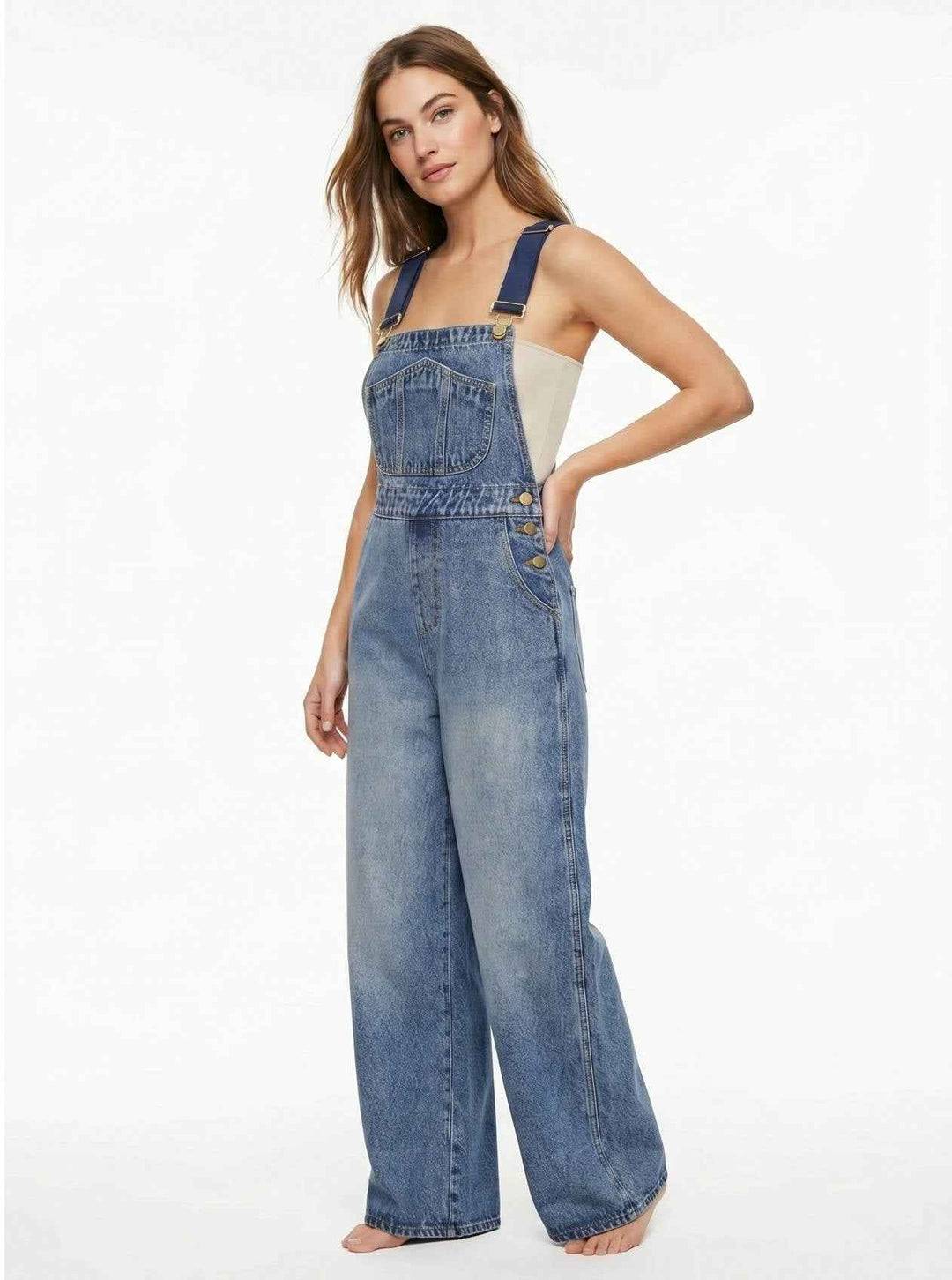 Women's Casual Sleeveless Wide Leg Denim Jumpsuit with Pockets