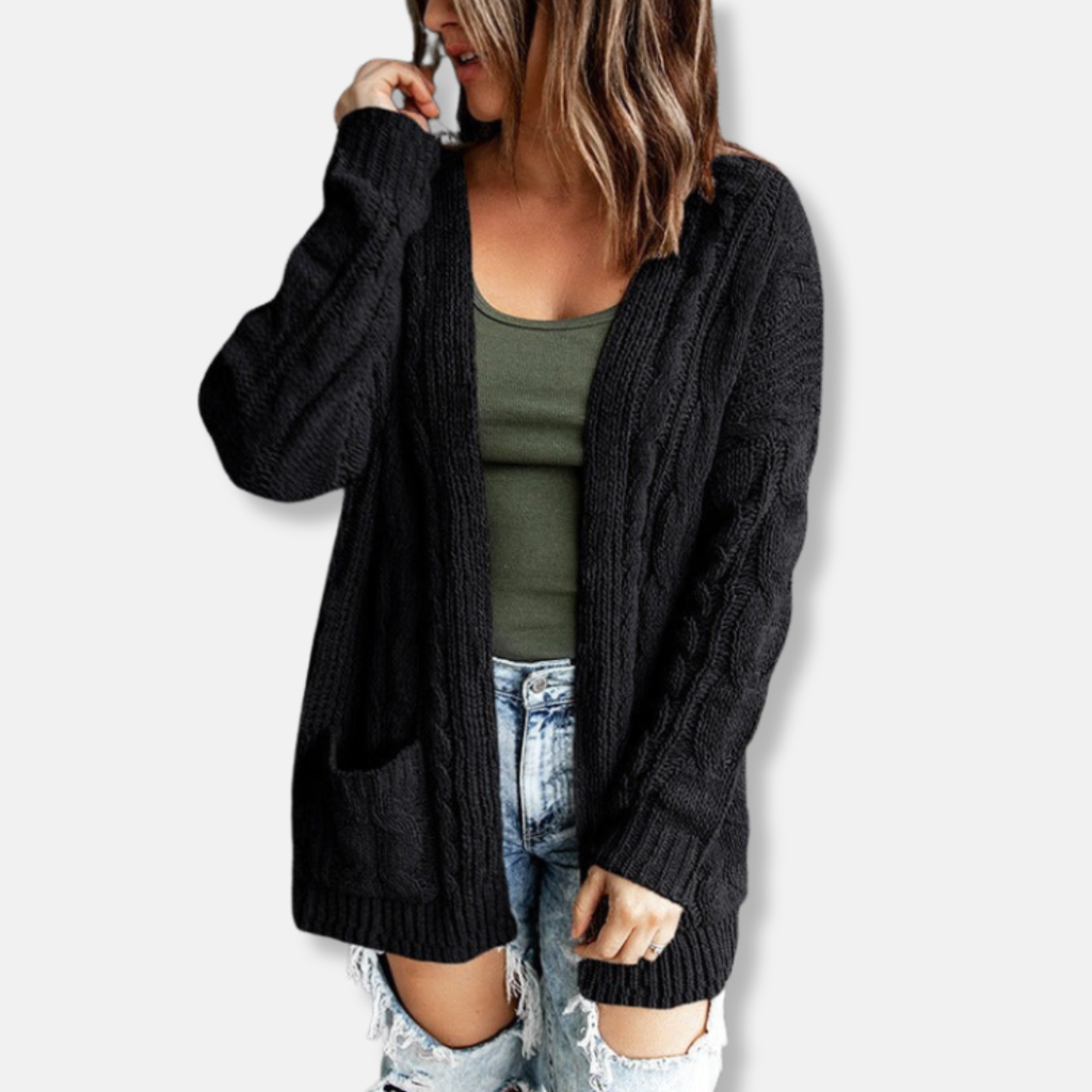 Women's Relaxed Fit Cable Knit Cardigan with Open Front and Pockets - Wool Blend Black