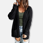 Women's Relaxed Fit Cable Knit Cardigan with Open Front and Pockets - Wool Blend Black