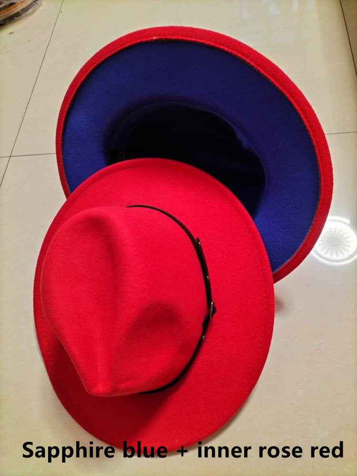 Stylish Color-Block Fedora Hat for Trendy Jazz Lovers Sapphire blue inner rose red M
