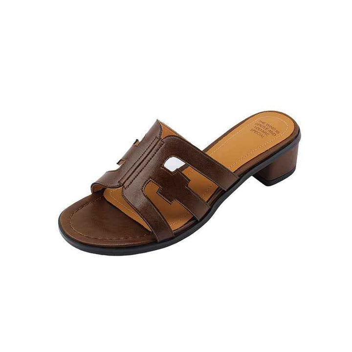 Women's Fashionable Simple Cowhide Low Heel Round Toe Slippers Brown