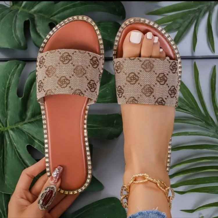 Summer Flower Print Flat Sandals For Women Non-slip Slides Slippers Vacation Casual Beach Shoes Khaki