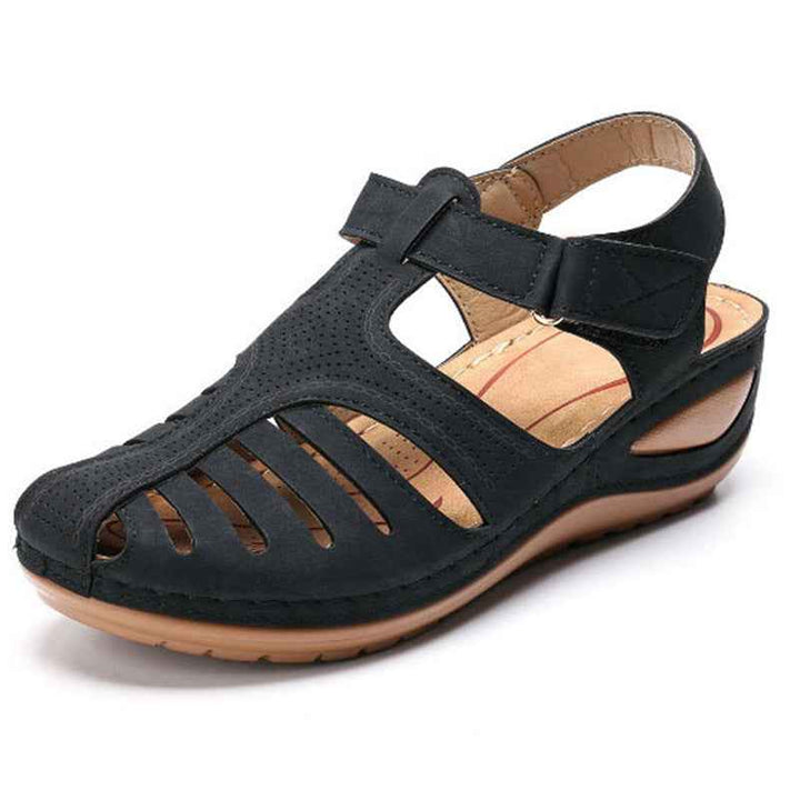 Women's Plus Size Retro Sandals Round Toe Wedge Sandals Black