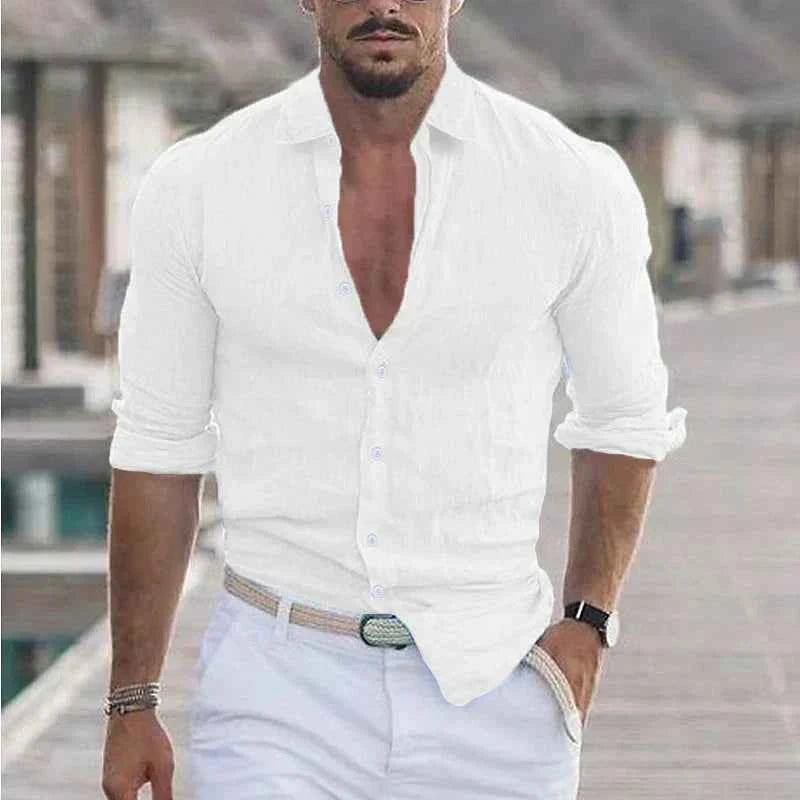 Men's Linen Shirt with Classic Turn-Down Collar White