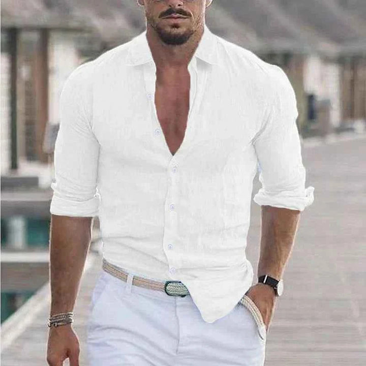 Men's Linen Shirt with Classic Turn-Down Collar White