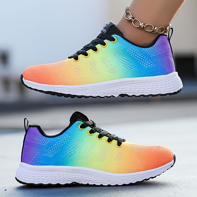 Women's Casual Knit Walking Sneakers with Lacing Rainbow