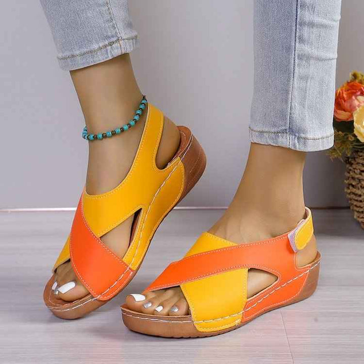 Summer Wedges Sandals With Colorblock Cross-strap Design Casual Thick-soled Roman Shoes For Women Yellow Orange