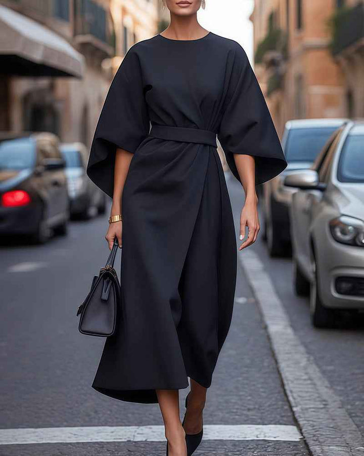 Celestine | Elegant Dress with Lantern Sleeves and Belt Black