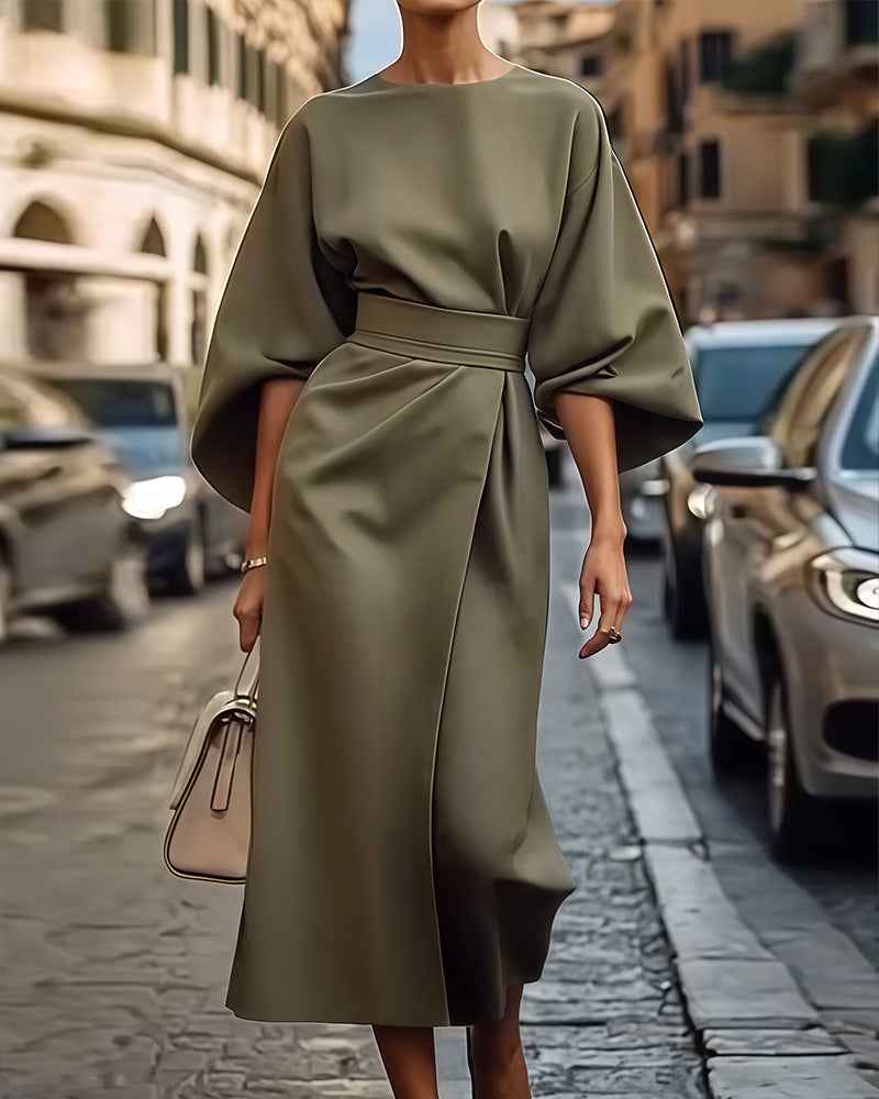 Celestine | Elegant Dress with Lantern Sleeves and Belt Olive