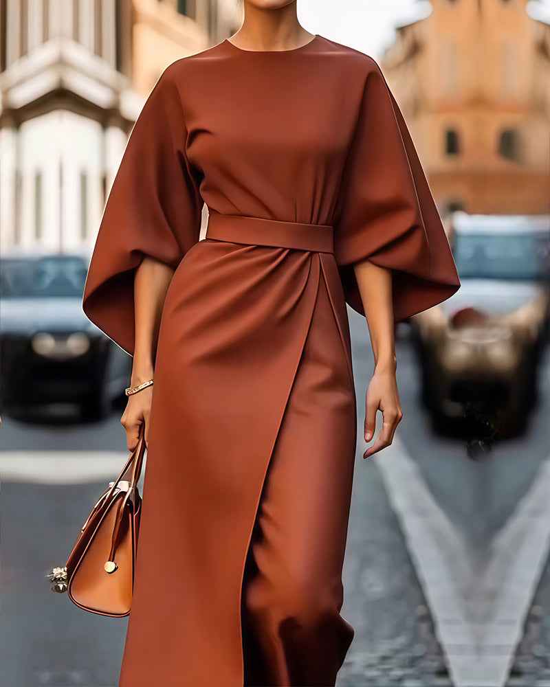 Celestine | Elegant Dress with Lantern Sleeves and Belt Orange