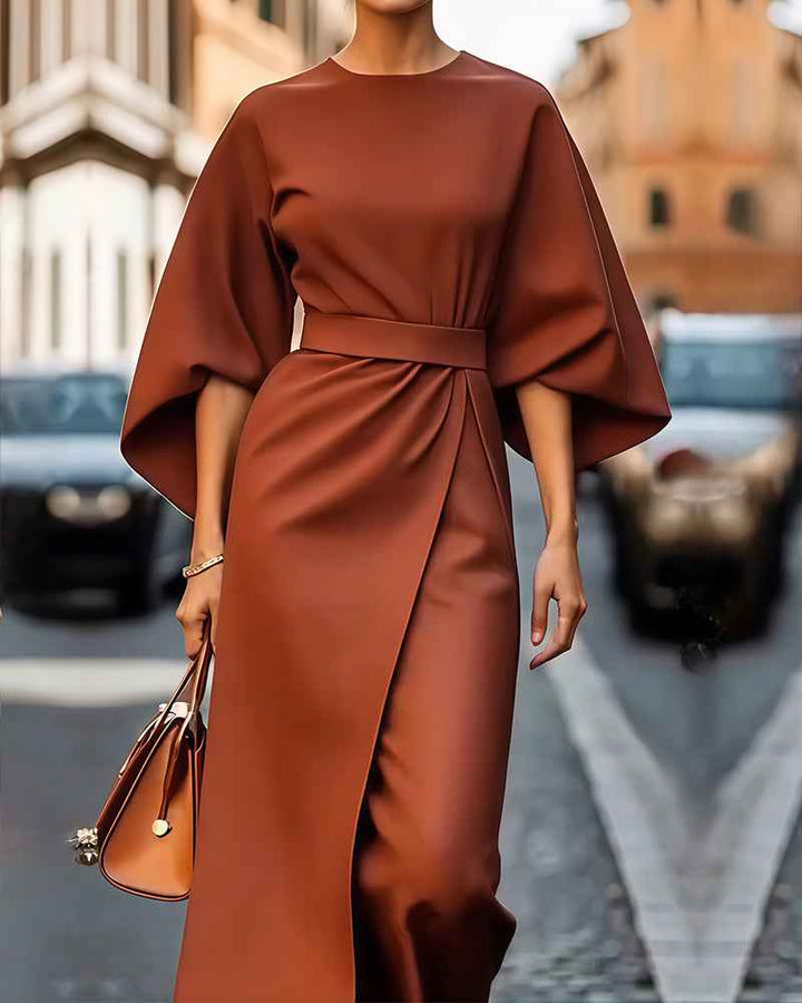 Celestine | Elegant Dress with Lantern Sleeves and Belt Orange