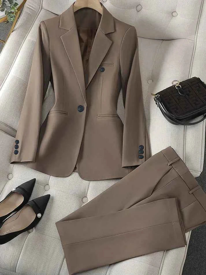 Women's Azure Notched Lapel Blazer Set Khaki