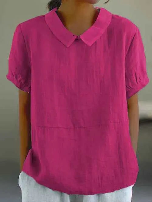 Women's Short Sleeve Collared Linen Blouse Dark pink