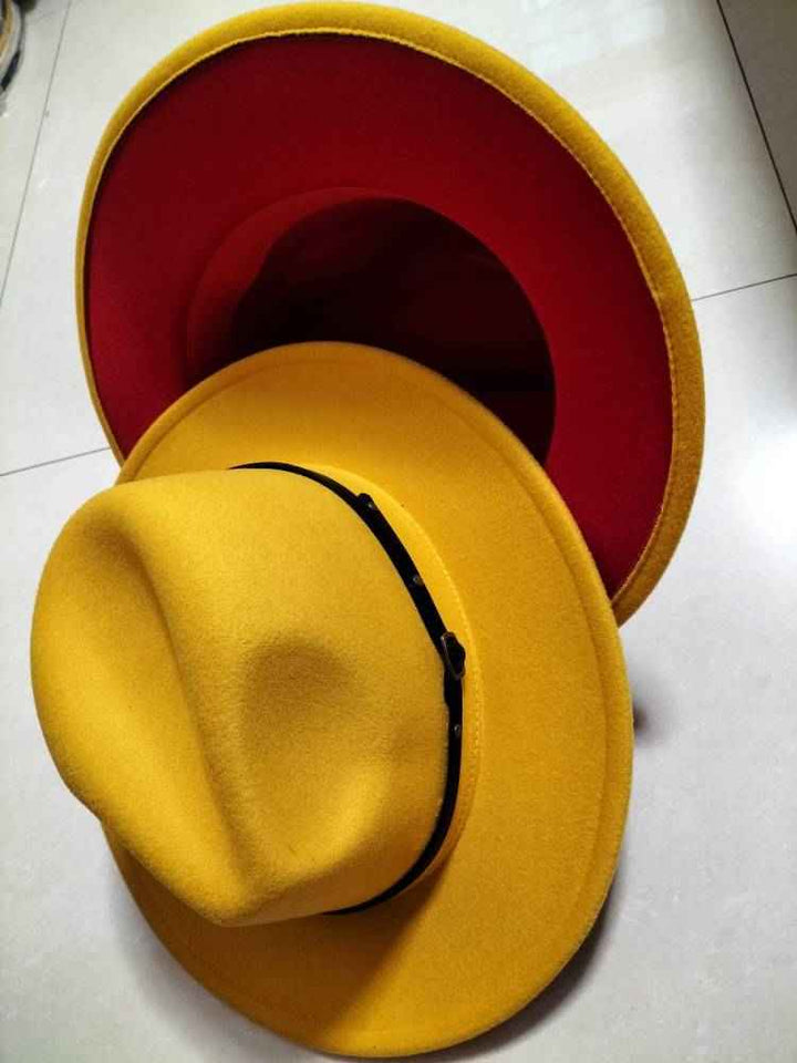 Stylish Color-Block Fedora Hat for Trendy Jazz Lovers Yellow inner red M