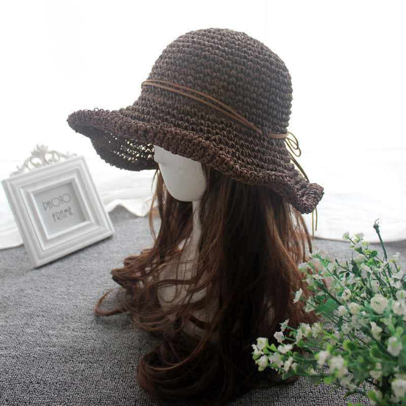 Straw Hat Sunshade Foldable Travel Beach Straw Hat Coffee One size