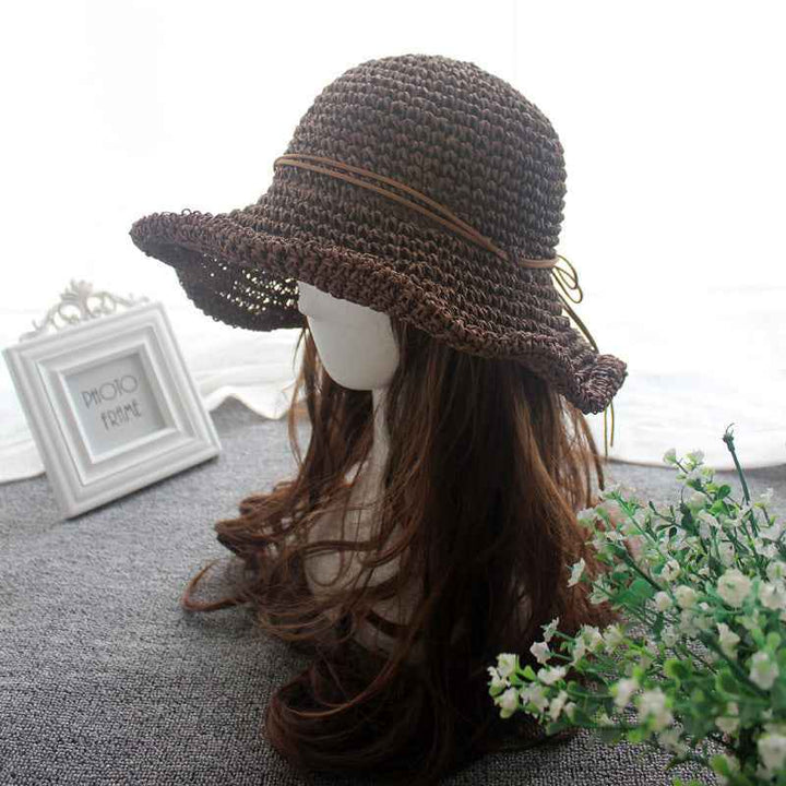Straw Hat Sunshade Foldable Travel Beach Straw Hat Coffee One size