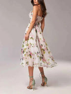 Women's Floral Print A-Line Midi Dress with Spaghetti Straps – Chiffon Look