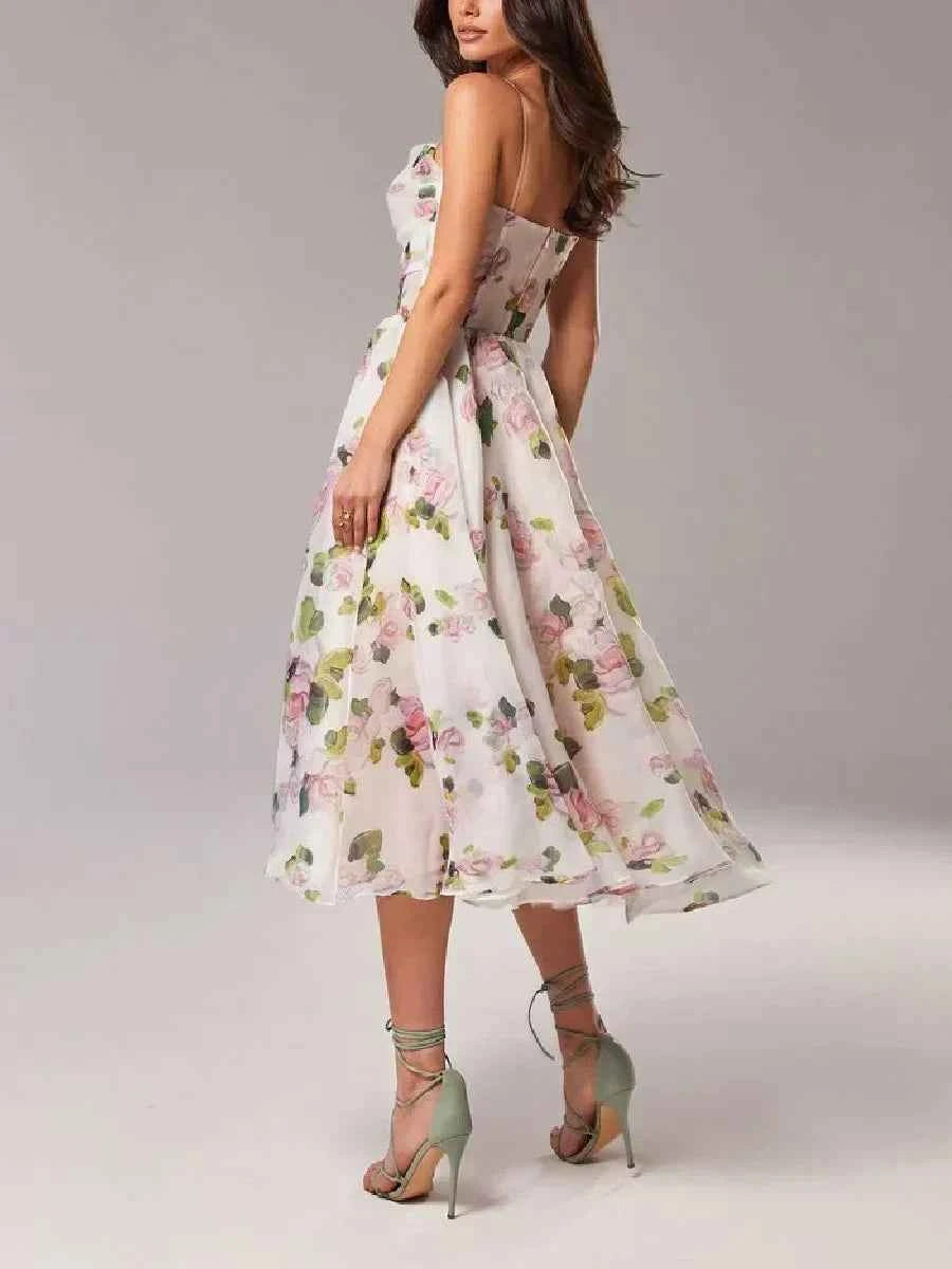 Women's Floral Print A-Line Midi Dress with Spaghetti Straps – Chiffon Look