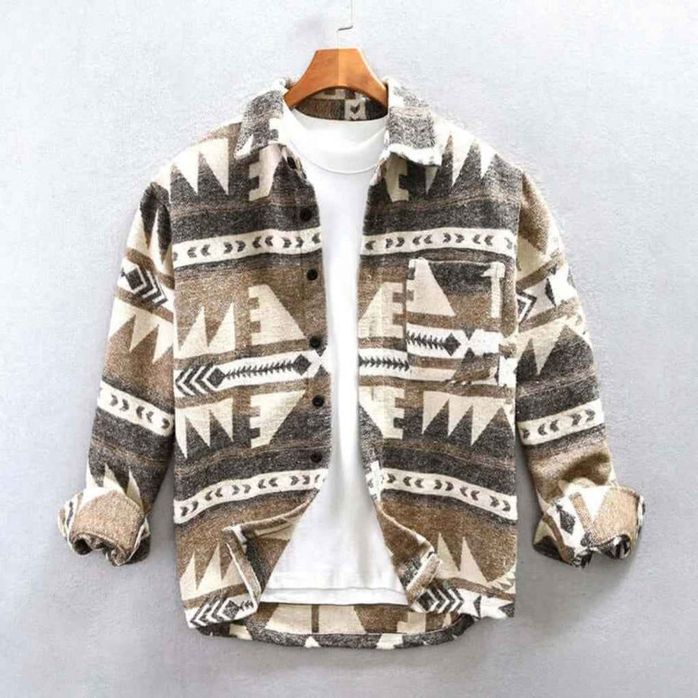 Men's Southwestern Style Aztec Print Shirt Jacket Light Brown