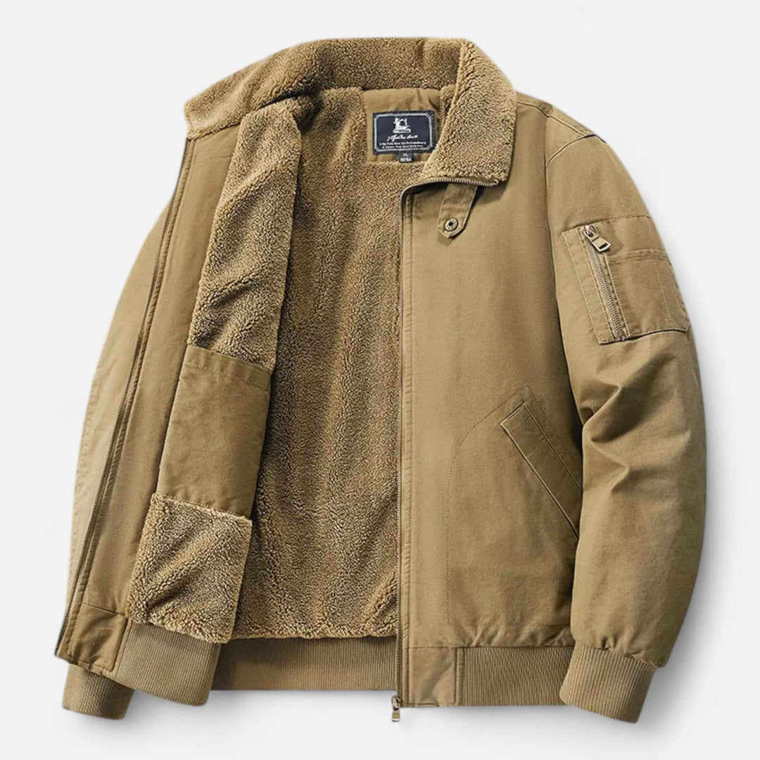 Men's Relaxed Fit Bomber Jacket with Lined Ribbed Cuffs Beige