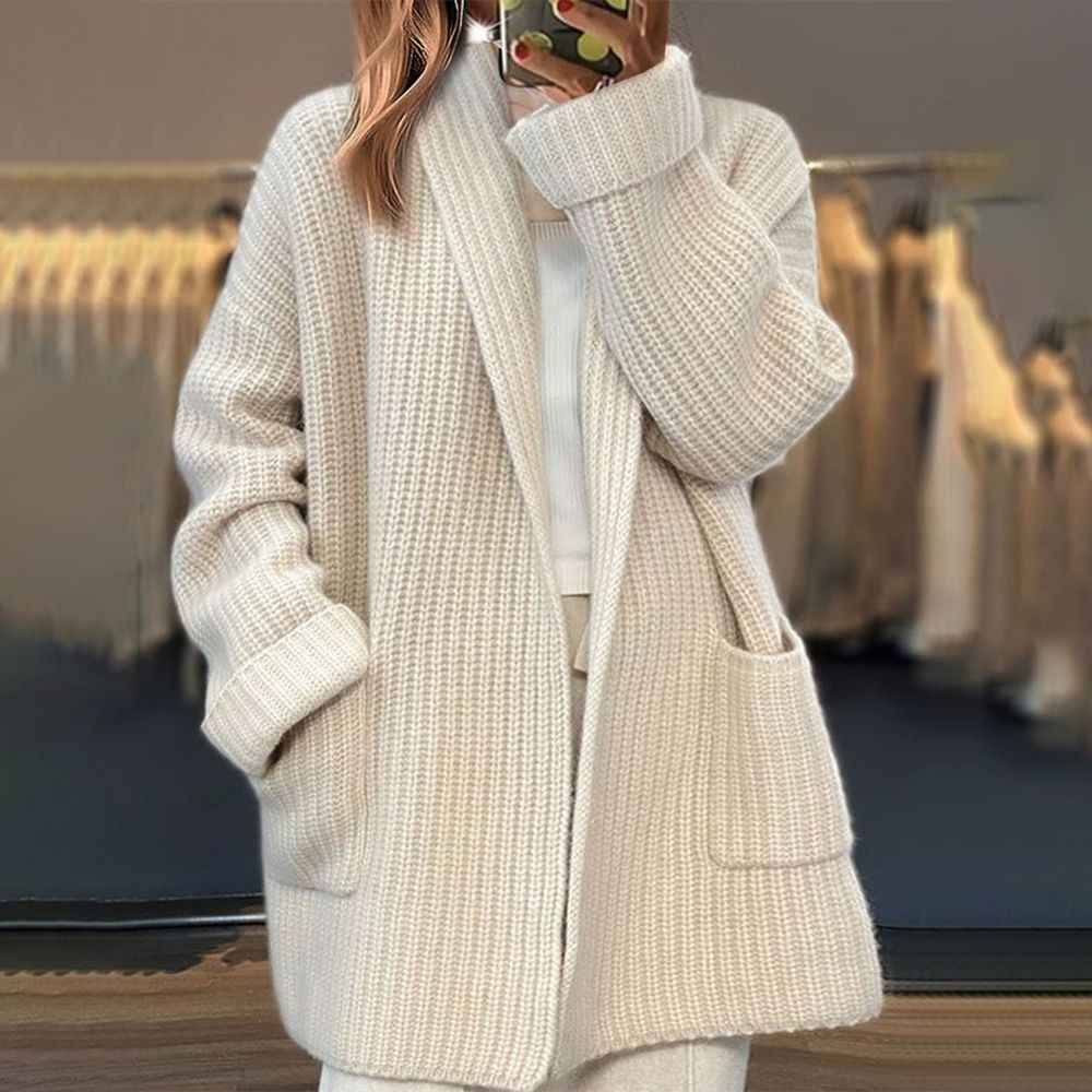Women's Oversized Knitted Cardigan – Soft Wool Blend – Open Front with Pockets