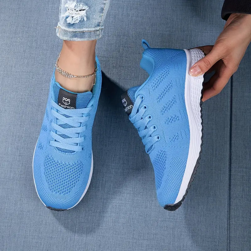 Women's Casual Knit Walking Sneakers with Lacing Sky Blue