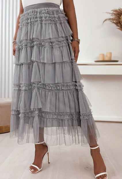 Women's Layered Tulle Midi Skirt - Elegant Design L