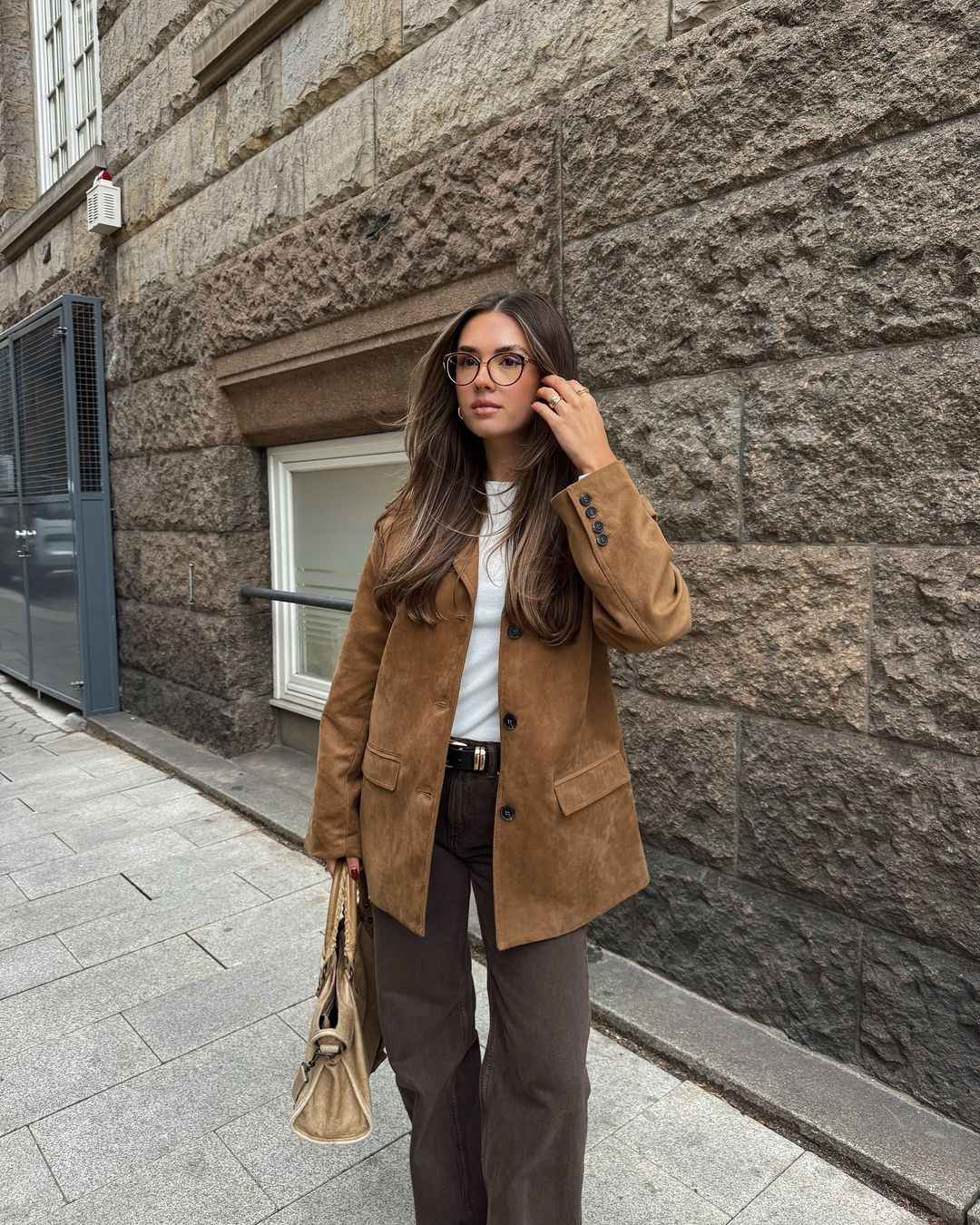 Women's Suede Blazer - Single-Breasted, Straight Fit, Notch Lapel, Long Sleeves Brown