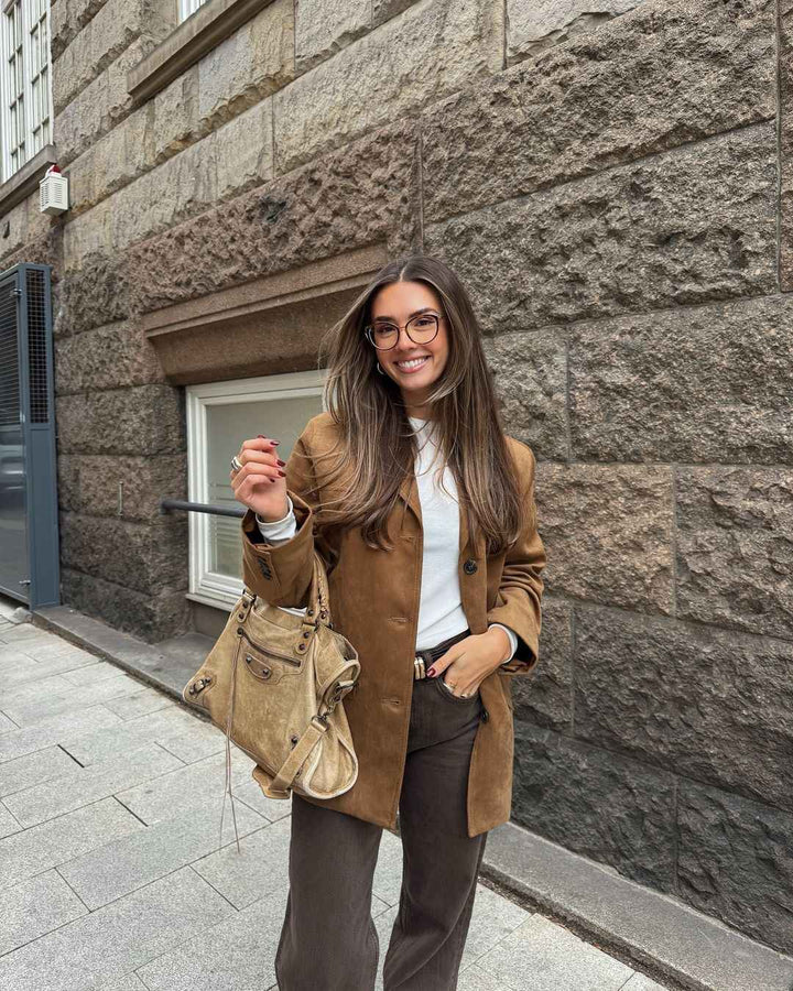 Women's Suede Blazer - Single-Breasted, Straight Fit, Notch Lapel, Long Sleeves