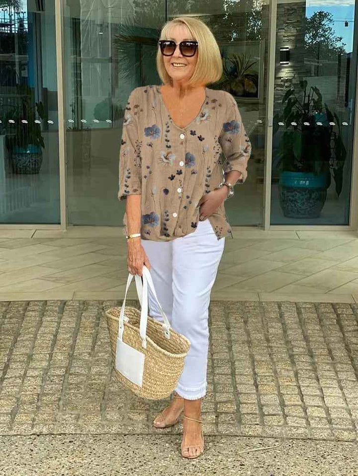 Women's Embroidered V-Neck Blouse with Soft Three-Quarter Sleeves Khaki
