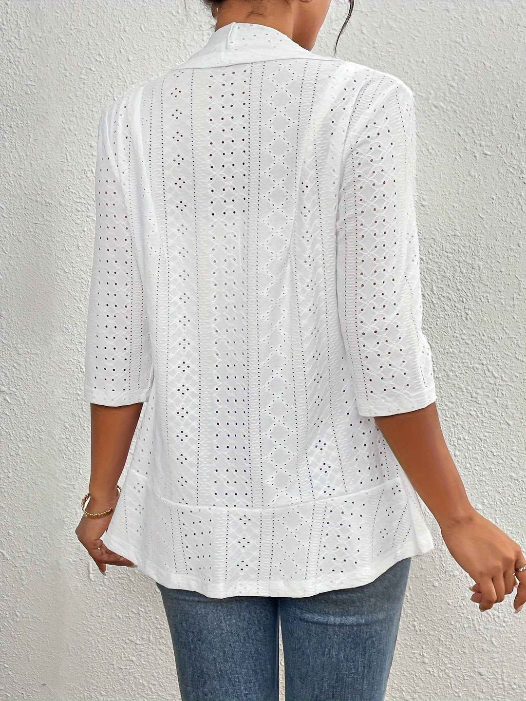 Women's Semi-Fitted Open Front Blazer with 3/4 Sleeves and Airy Eyelet Design