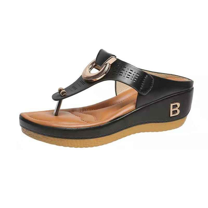 Women's High Heel Wedge Thong Sandals with Metal Accents Black