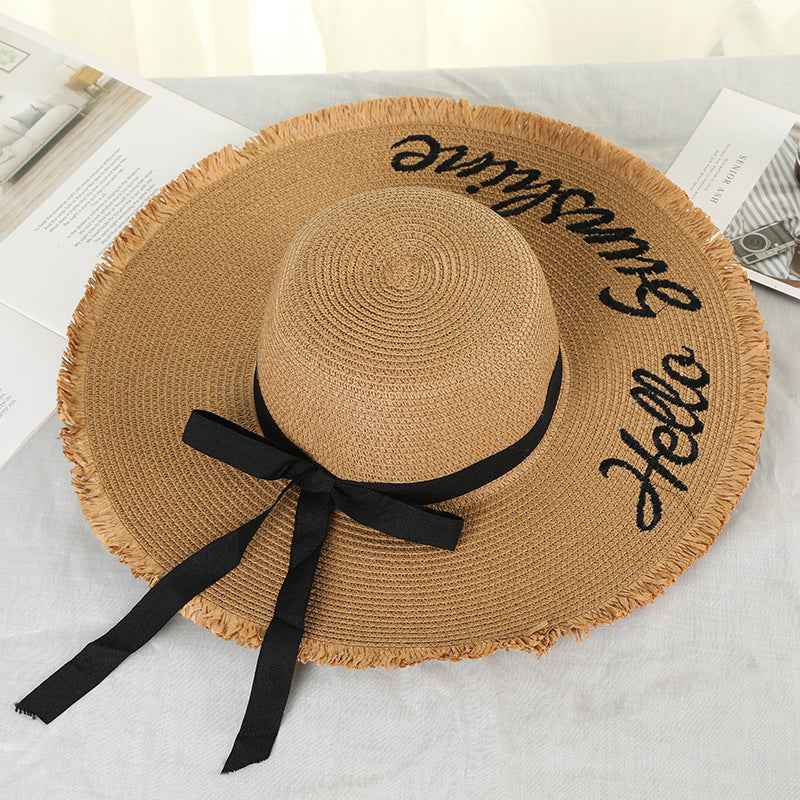 Women Lace Up Large Brim Straw Hat Beach Caps Khaki One size