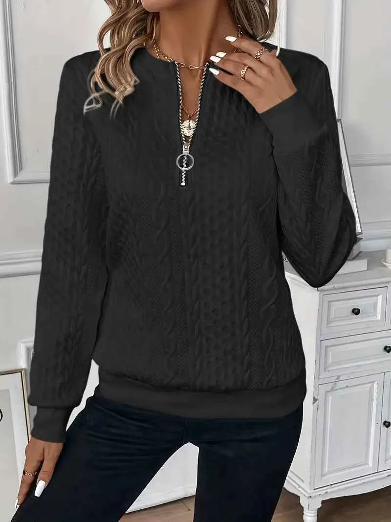 Women's Cable Knit Sweater - Round Neck, Long Sleeve, Zipper Detail
