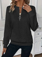 Women's Cable Knit Sweater - Round Neck, Long Sleeve, Zipper Detail